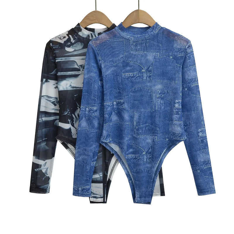Mesh stand up collar long sleeved jumpsuit