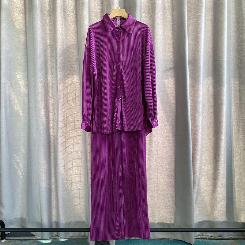 Casual geplooide tweedelige set voor dames: overhemd met revers lange mouwen en broek met rechte pijpen