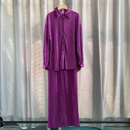 Casual geplooide tweedelige set voor dames: overhemd met revers lange mouwen en broek met rechte pijpen