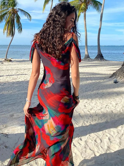 Women Summer Elegant Print Slip Mesh See Through Maxi Dress Beach Holiday Sleeveless Party Dresses Vestidos