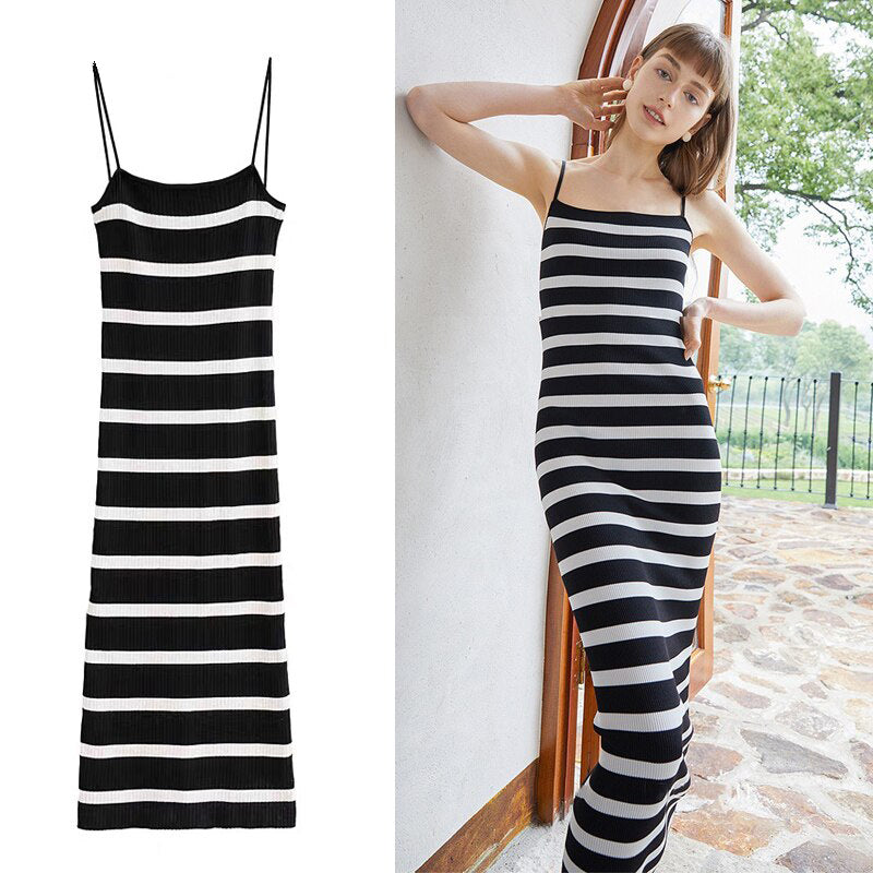 Designer gebreide midi-jurk met stepen en spaghettibandjes