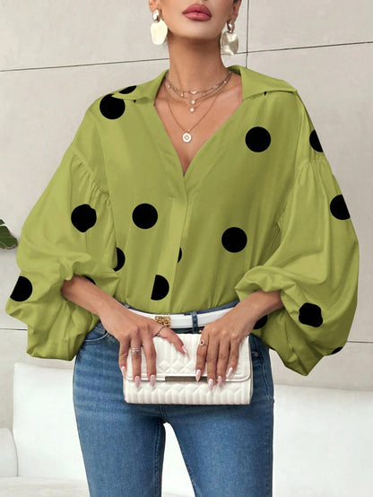 Polka Dot Half-Open Neck Loose Bubble Sleeve Long Sleeve Top