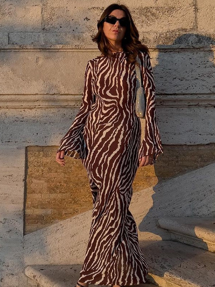 Stripe Long Women Dress Elegant Long Flare Sleeve O-neck Hip Wrap Skinny Bodycon Female Dresses Sexy Robe