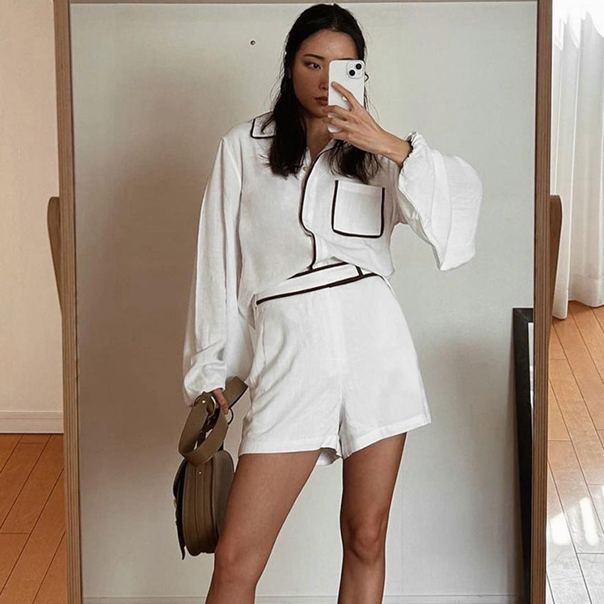 Loose Cotton Linen Long Sleeve Short Pants Two-piece Set Women's Loungewear for Outer Wear