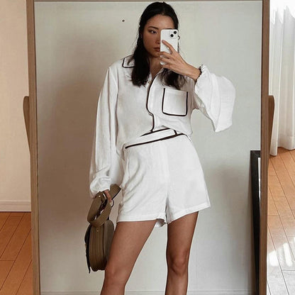 Loose Cotton Linen Long Sleeve Short Pants Two-piece Set Women's Loungewear for Outer Wear