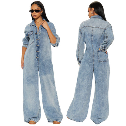 Slim fit elastic trumpet long sleeved denim jumpsuit