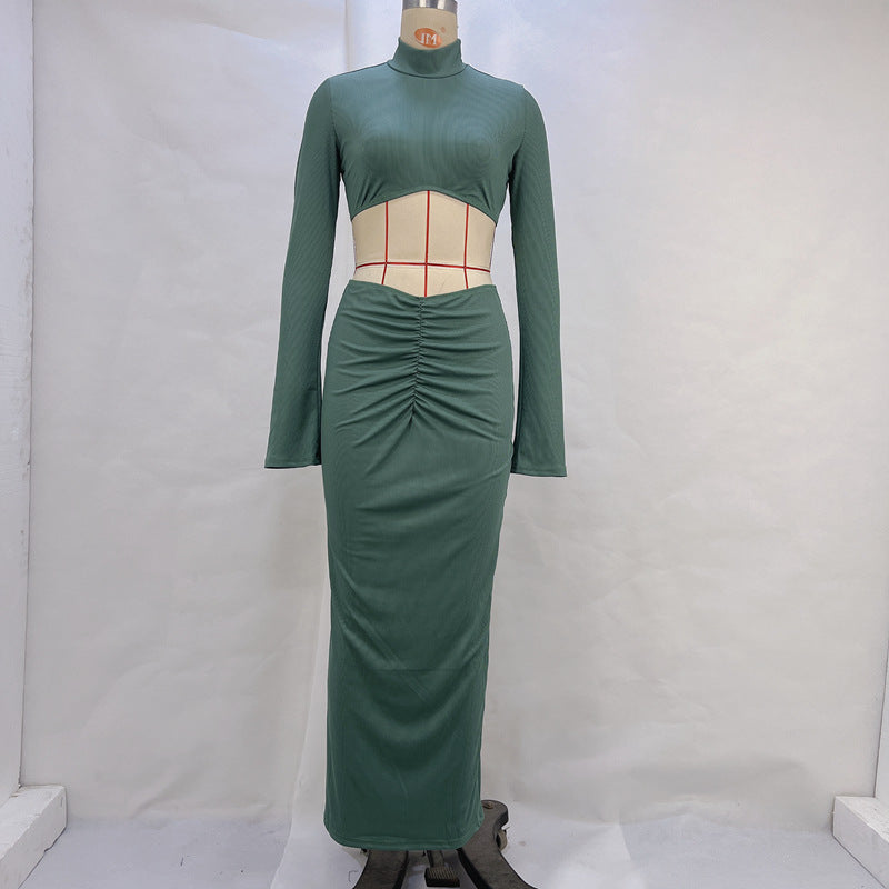 Pure Color Crop Top with Flared Sleeves and Low Waist Pleated Long Skirt Set