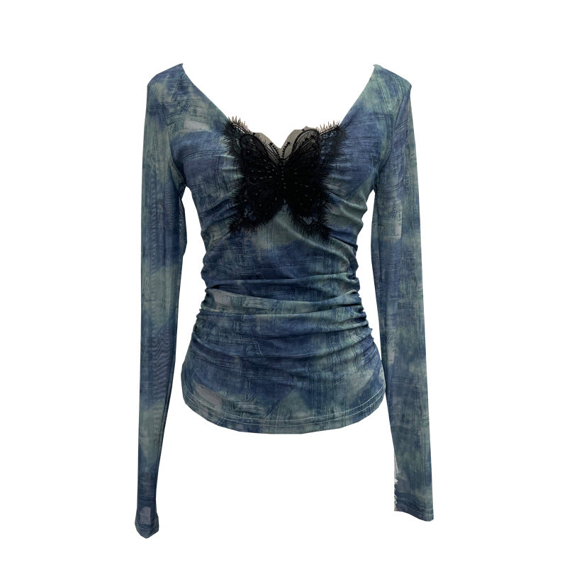 Lace butterfly V-neck top