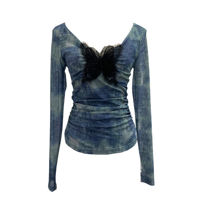 Lace butterfly V-neck top