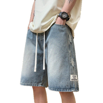 Oversized heren denim shorts met zakken en trekkoord