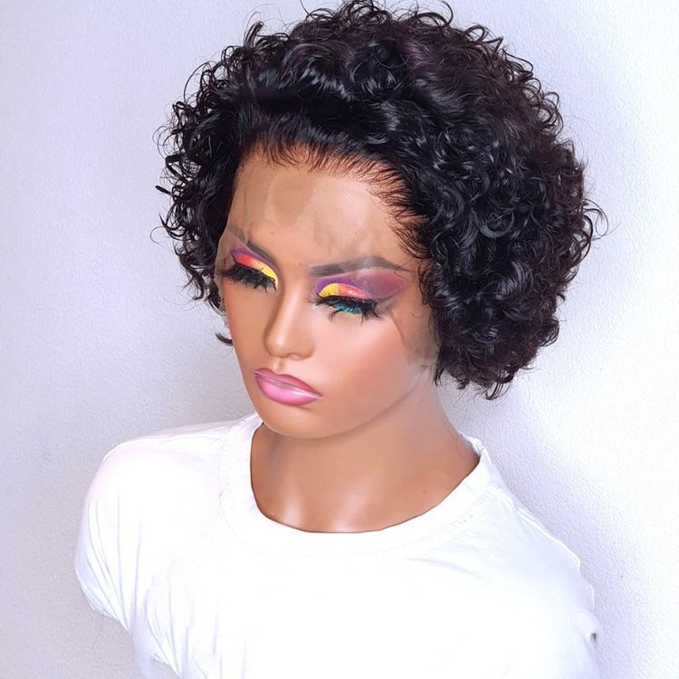 Krullende pixie-cut kanten pruik van echt haar