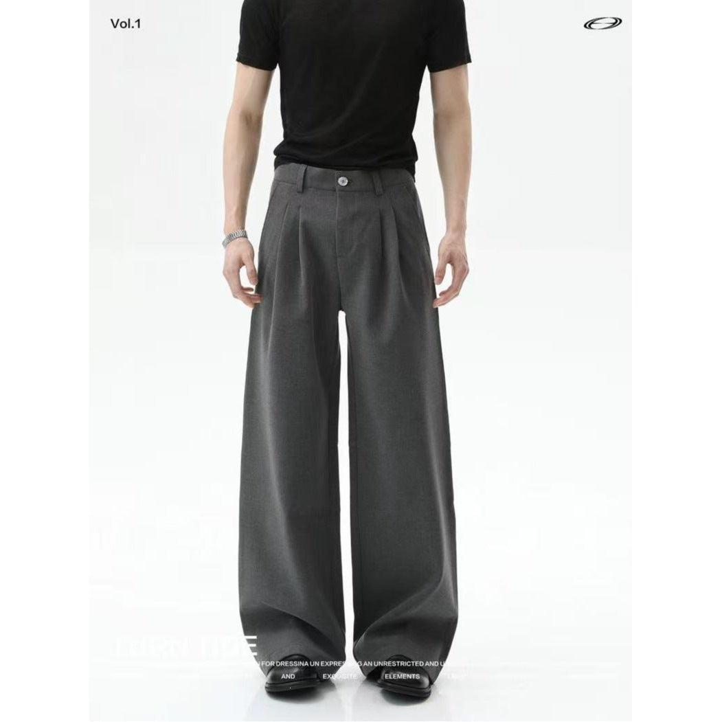 Preppy Style Linen-Like Pleated Wide-Leg Trousers for Men