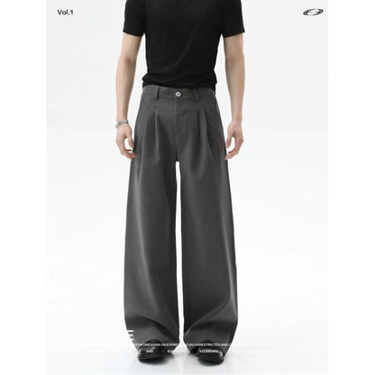 Preppy Style Linen-Like Pleated Wide-Leg Trousers for Men