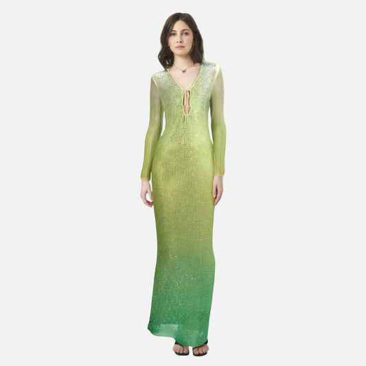 Sexy maxi-jurk met V-hals  diamantjes waterprint kleurovergang en lange mouwen
