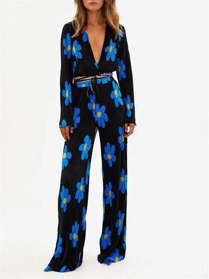 Floral Print Two-Piece Pants Suits Spring Summer Casual Women Pleated Sets Long Sleeve Tie Up Crop Tops+Loose Pants