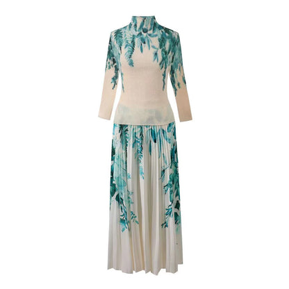 Europe Station Foreign Trade Large Size Women's Autumn New Pleated Top Printed Skirt Set