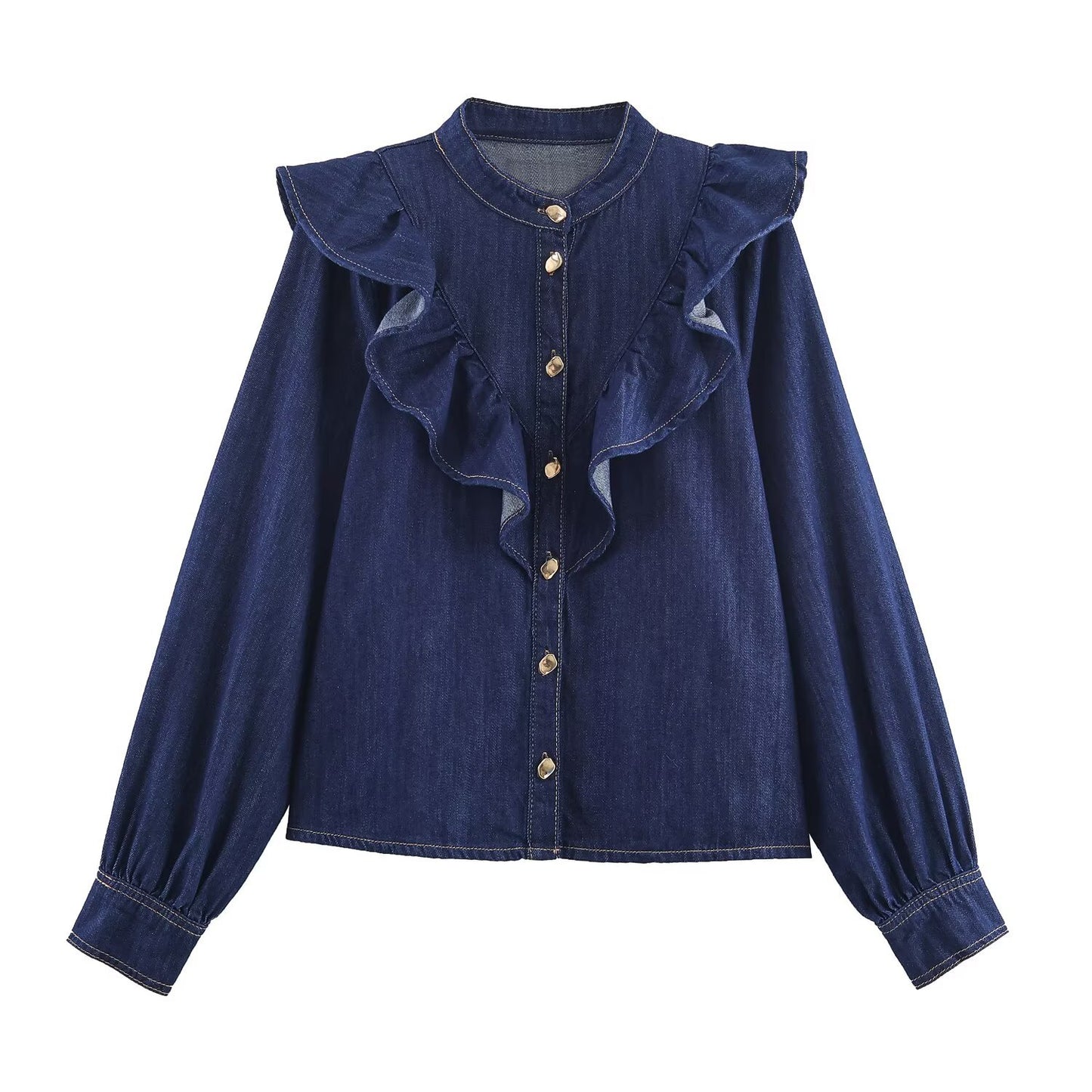 Layered Denim Decorated Shirt with High-Waisted Straight Leg Jeans for Women