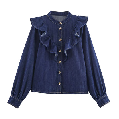 Layered Denim Decorated Shirt with High-Waisted Straight Leg Jeans for Women