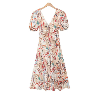Bubble sleeve printed casual flute dress