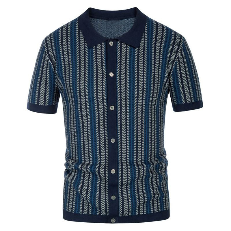 Short sleeved knitted sweater summer new striped jacquard business polo shirt Father's Day gift