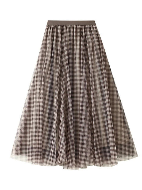 Qooth Women Patchwork Plaid Mesh Skirt Vintage High Waist Long Tulle A-line Skirt For Spring Summer