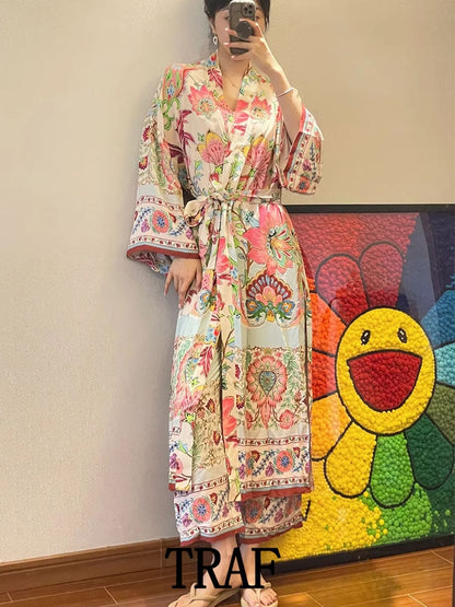 Woman Vintage Floral Print Kimono Dress Women V Neck Sashes Side Split Long Dress Fashion Holiday Boho Dress
