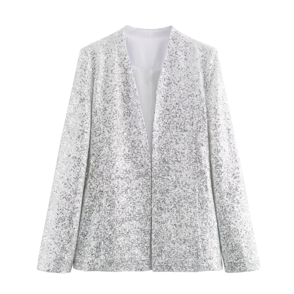 Summer New casual women's V-neck long sleeved sequined suit jacket casual high waisted shorts set