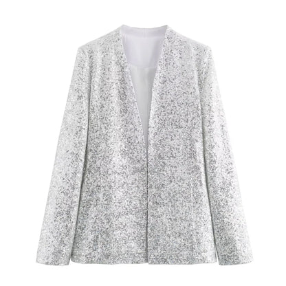 Summer New casual women's V-neck long sleeved sequined suit jacket casual high waisted shorts set