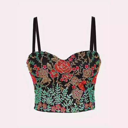 Sexy Spaghetti Strap Bustier with Color Block Embroidery and Boning for Women