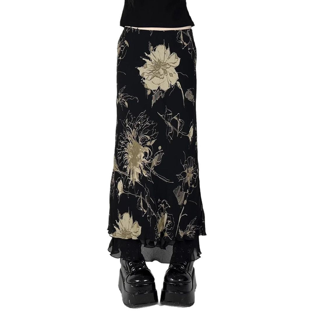 Retro Forest Floral Print Low Waist Slimming Skirt Spicy Girl Bodycon Versatile Slimming A-Line Long Skirt