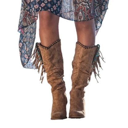 Women's Suede High-Tube Tassel Chunky High-Heeled Boots
