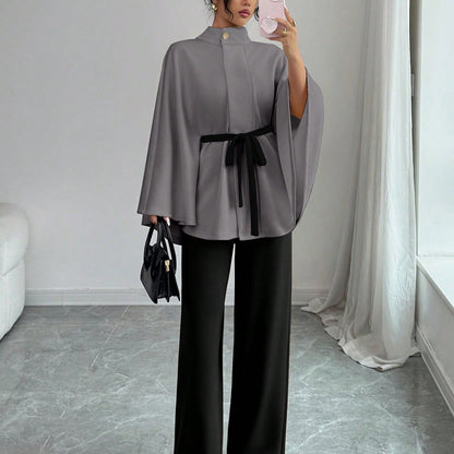Women's Mock Neck Waist-Tie Short Woolen Coat Set