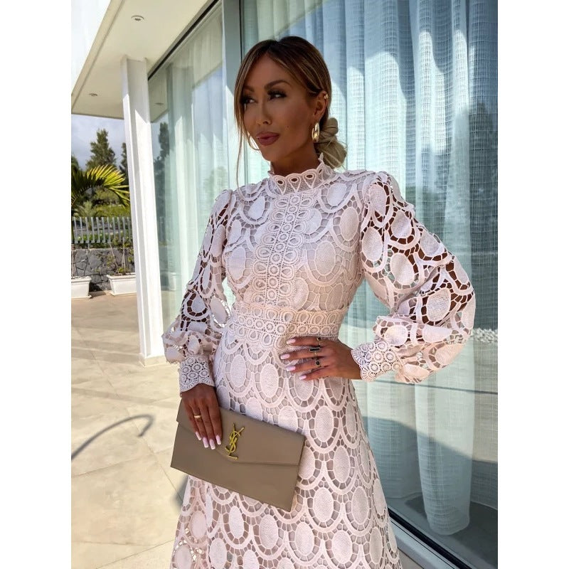 French Style Lace Collar Puff Sleeve Long Dress