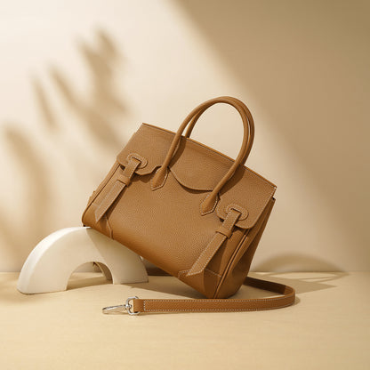 Litchi-patterned genuine top-grain cowhide handbag