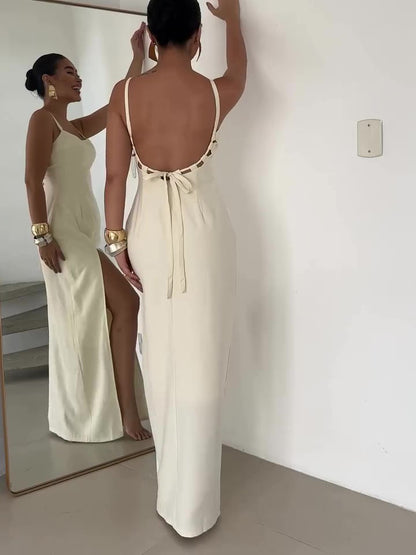 Jurk met bandjes en split van katoen en linnen