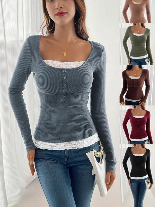 Women's Square Neck Lace Patchwork Slim Fit Long Sleeve Top