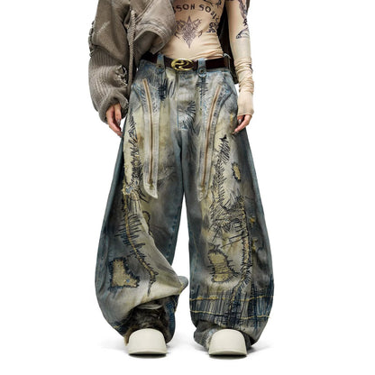 Loose Fit Distressed Embroidered Denim Pants