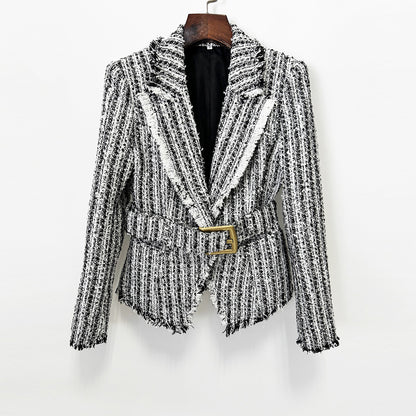 Women's Fringed Tweed Jacket Slim Fit Belted Suit Collar Long Sleeve Coat