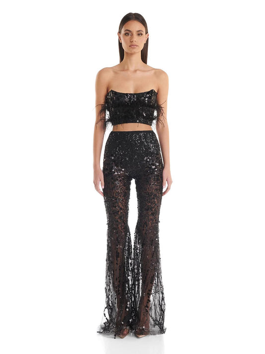 Tube top met pailletten veren en bijpassende broek