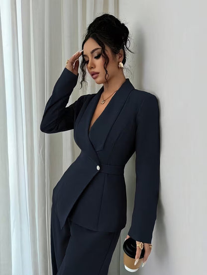 Women's V Neck Long Suit Jacket Wide Leg Pants Two Piece Set