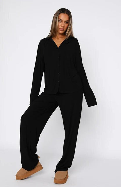 Women Modal Lapel Collar Long Sleeve Sleepwear Set
