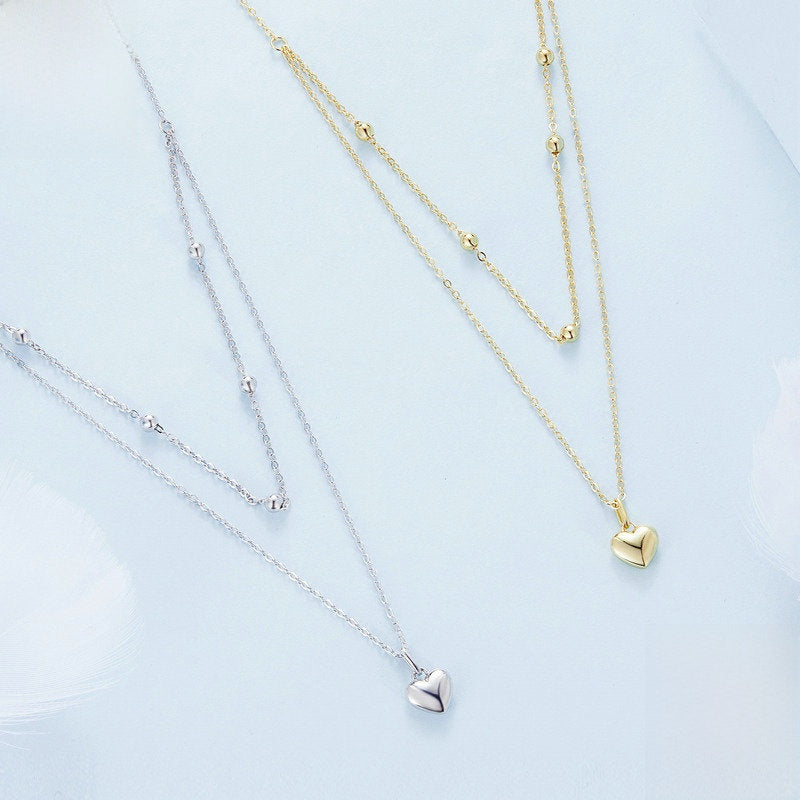 S925 Sterling Silver Heart Necklace Double Layer Layered Clavicle Chain