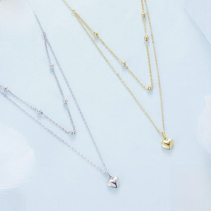 S925 Sterling Silver Heart Necklace Double Layer Layered Clavicle Chain
