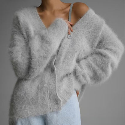 Women's Imitation Mink Fur V-Neck Long Sleeve Knit Cardigan Sweater