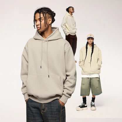 Men Solid Color Fleece Hooded Sweatshirt 350g Heavyweight Pullover