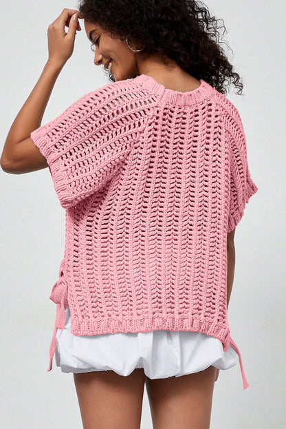 Plus size open gebreide trui met strik en korte mouwen