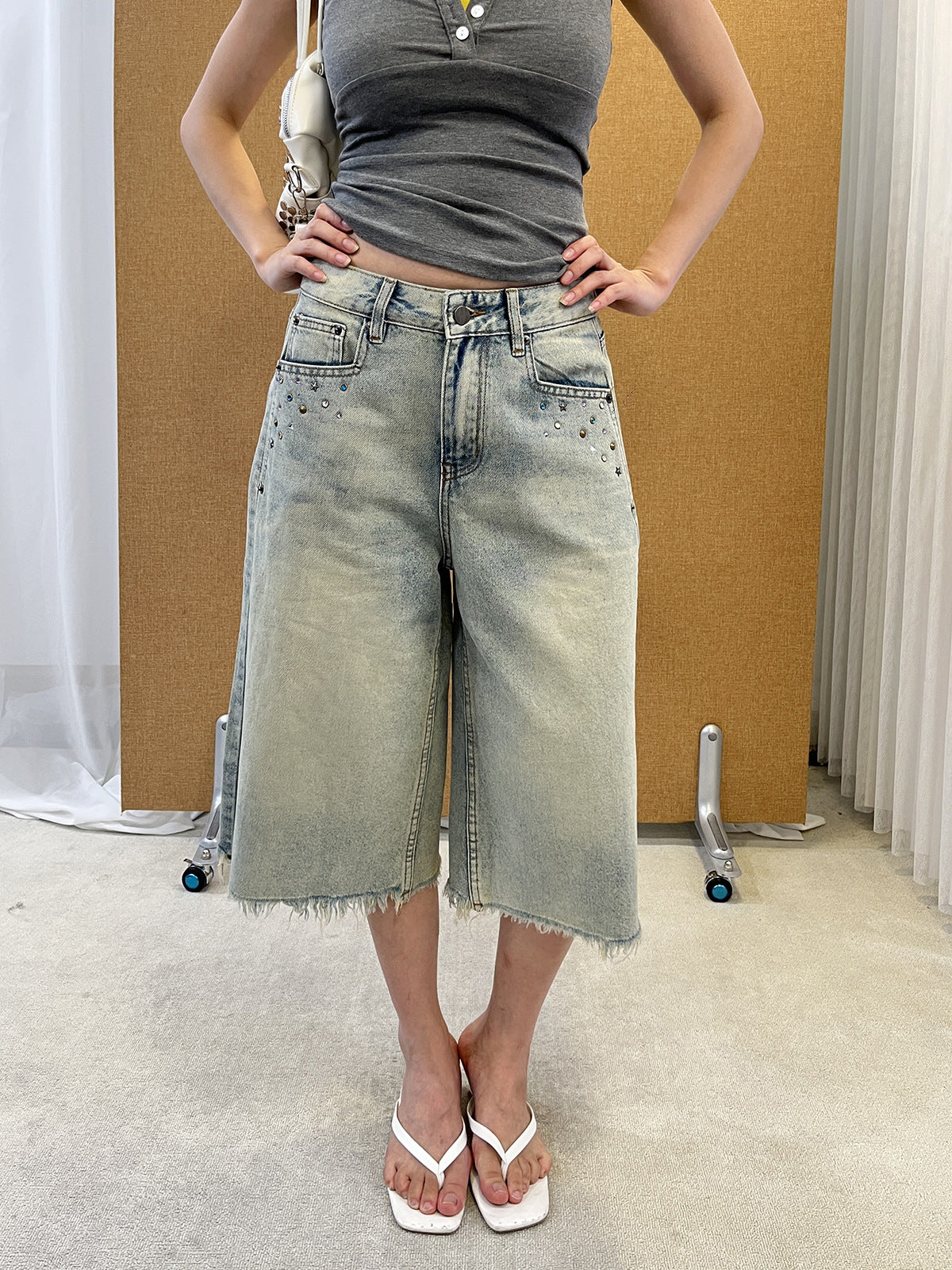 Womens Rhinestone Frayed Hem Denim Pants