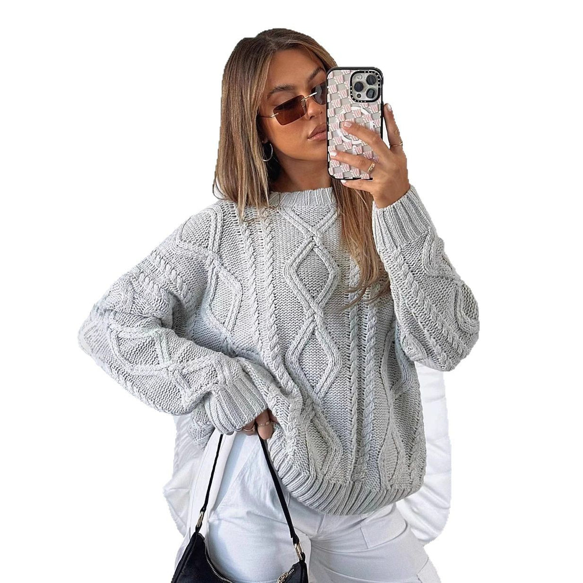 Women Solid Cable Knit Round Neck Pullover Sweater