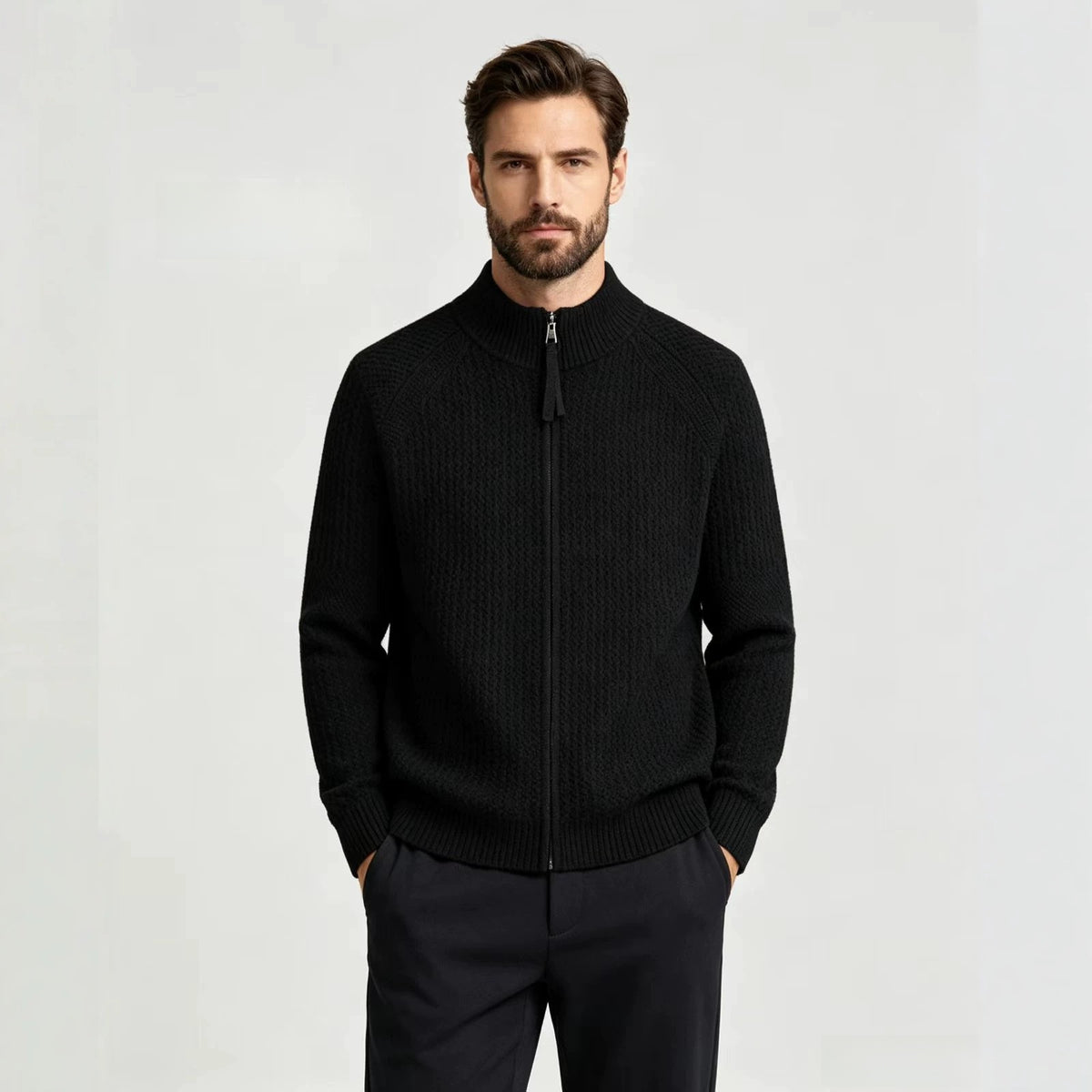 Mens Stand Collar Zip Up Knit Cardigan