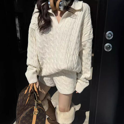 Revers Afslankend Los Casual Kabelgebreide Trui Shorts Modepak